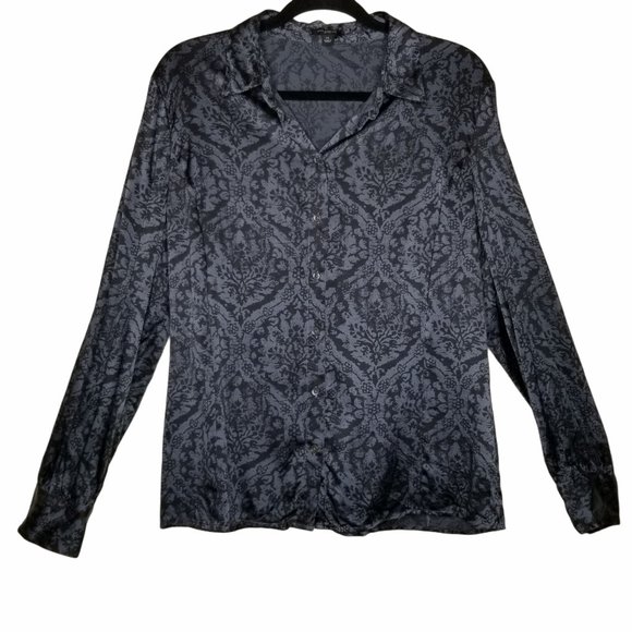 Ann Taylor Tops - Ann Taylor Dark Gray Button Up Collared Damask Long Sleeve Silk Blouse Size 14